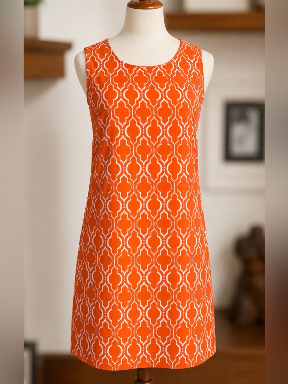 Retro Inspired Shift Dress Orange White Geometric Made in USA Size Small
